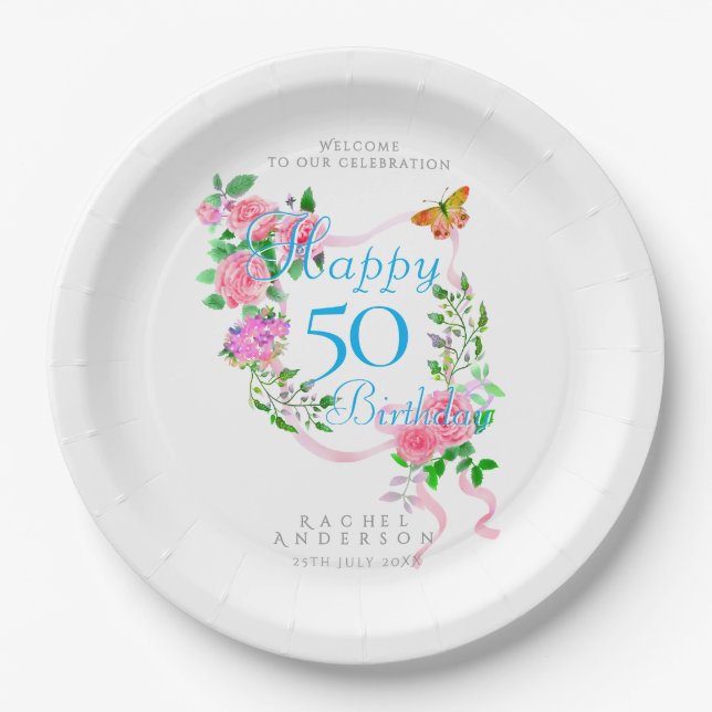 Rosa Rosenband 50. Geburtstag Pappteller (Vorderseite)