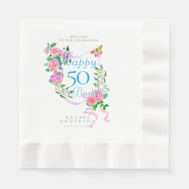 Rosa Rosenband 50. Geburtstag Serviette (Vorderseite)
