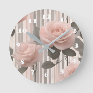 Rosa Rosenblüte und Streifen, Vintage-Look  Runde Wanduhr