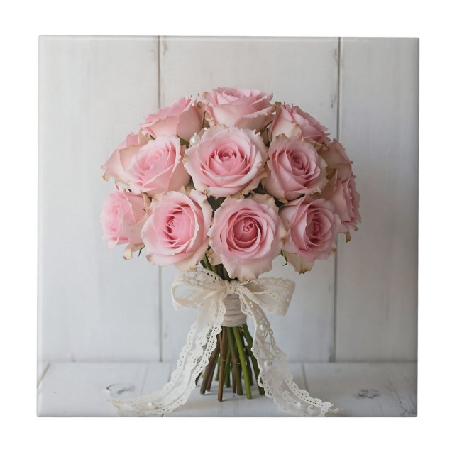 Rosa Rosenbouquet Perlen-Spitze Romantisch Fliese (Vorderseite)