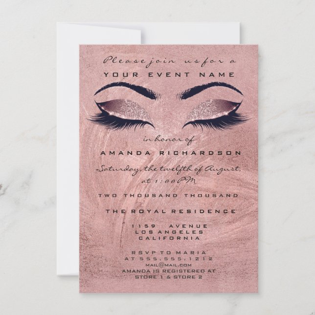 Rosa Rosenbraun Makeup Auge Glitzer 16. Bridal Einladung (Vorderseite)