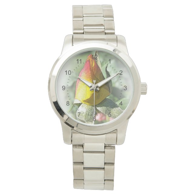 Rosa Rosenbude Armbanduhr (Vorderseite)