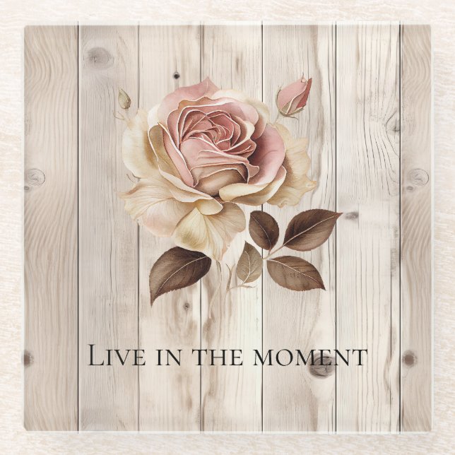 Rosa Rosencreme Weißes Faux Holz Glasuntersetzer (Vorderseite)