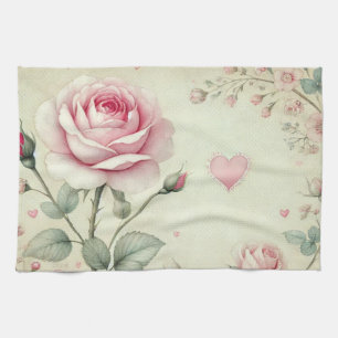 Rosa Rosenherz Blumen vintage pastell Aquarell Geschirrtuch