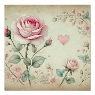 Rosa Rosenherz Blumen vintage pastell Aquarell Poster