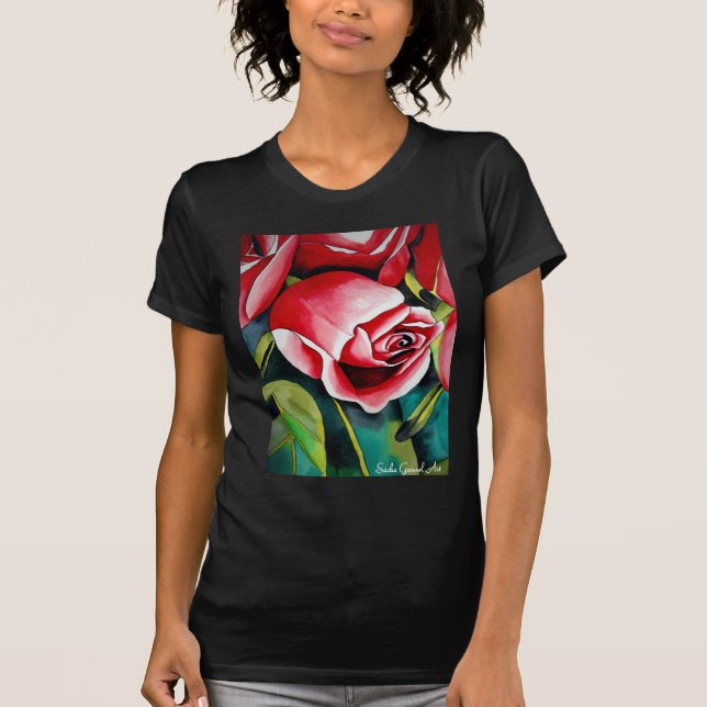 Rosa Rosenknospe Aquarellmalerei Blume T-Shirt (Vorderseite)