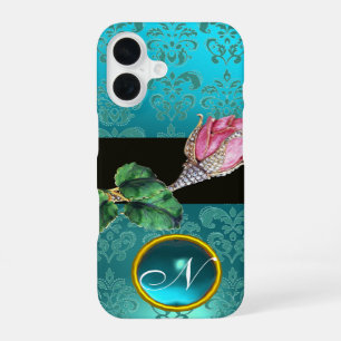 ROSA ROSENKNOSPE JUWEL, BLAUER TEAL DAMAST-EDELSTE iPhone 16 HÜLLE