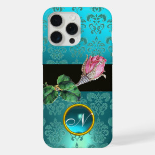 ROSA ROSENKNOSPE JUWEL, BLAUER TEAL DAMAST-EDELSTE iPhone HÜLLE