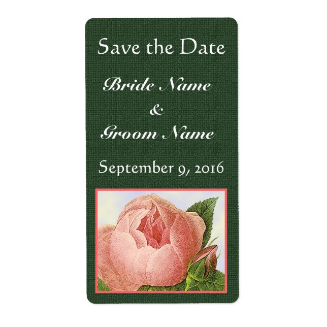 Rosa Rosenknospe, Save the Date auf grünen Labels (Vorne)