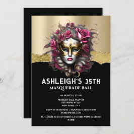 Rosa Rosenmaske mit schwarzer Goldmaske, elegante  Einladung