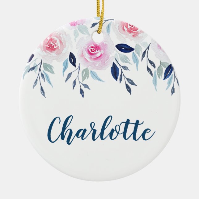 Rosa Rosenmit blumenwatercolor-personalisierter Keramik Ornament (Vorne)