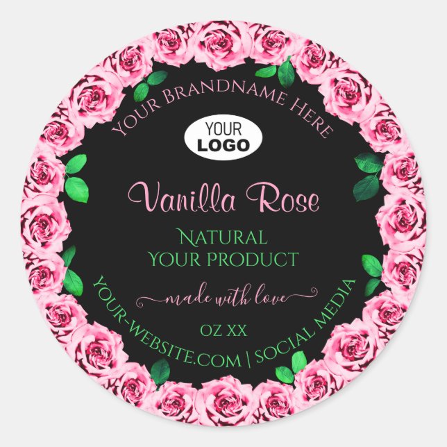 Rosa Rosenrahmen Elegantes Logo für die schwarzen  Runder Aufkleber (Vorderseite)