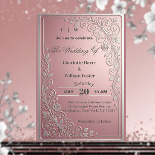 Rosa Rosenreben Glitter Silber Florale Hochzeit Einladung