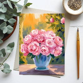 Rosa Rosenstrauß | Aquarell-Blumenvase Postkarte