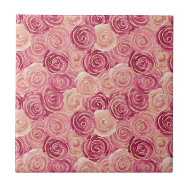 Rosa Rosenwirbel Glitter Nahtloses Muster Fliese (Vorderseite)