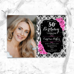 Rosa Roses Black Silver Damask Foto 50. Geburtstag Einladung<br><div class="desc">Elegante florale feminine 50. Geburtstagseinladung mit Ihrem Foto. Glam Schwarz-weiß rosa Design mit Imitaten Glitzer Silber. Enthält schwarz-weiße Damast-Muster,  rosa Rosen,  Script-Schriftart und Konfetti. Ideal für ein stilvolles Party für Erwachsene. Personalisieren Sie Ihre persönlichen Daten. Kann für jedes Alter angepasst werden! Gedruckte Zazzle Einladungen oder Sofortdownload digitalen druckbaren Vorlage.</div>