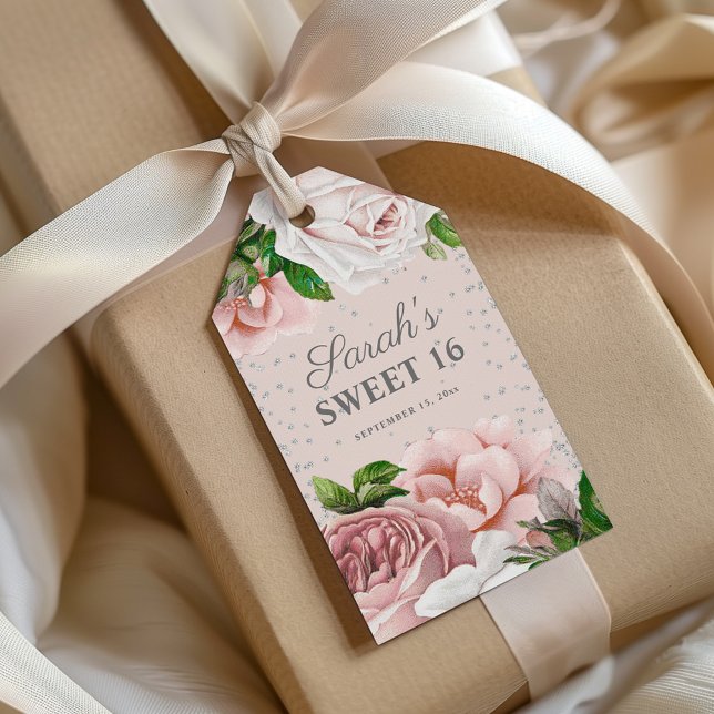 Rosa Roses Bläsernter Silberschmied Glitzer Sweet  Geschenkanhänger (Blush pink vintage floral custom Sweet 16 gift tags)