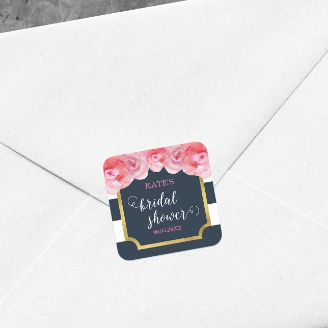 Rosa Roses Blau Streifen Brautparty Quadratischer Aufkleber (Von Creator hochgeladen)