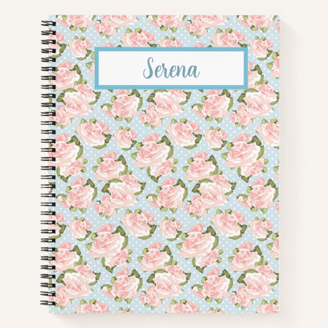 Rosa Roses - Blue & White Punkts Notebook Notizbuch (Vorderseite)