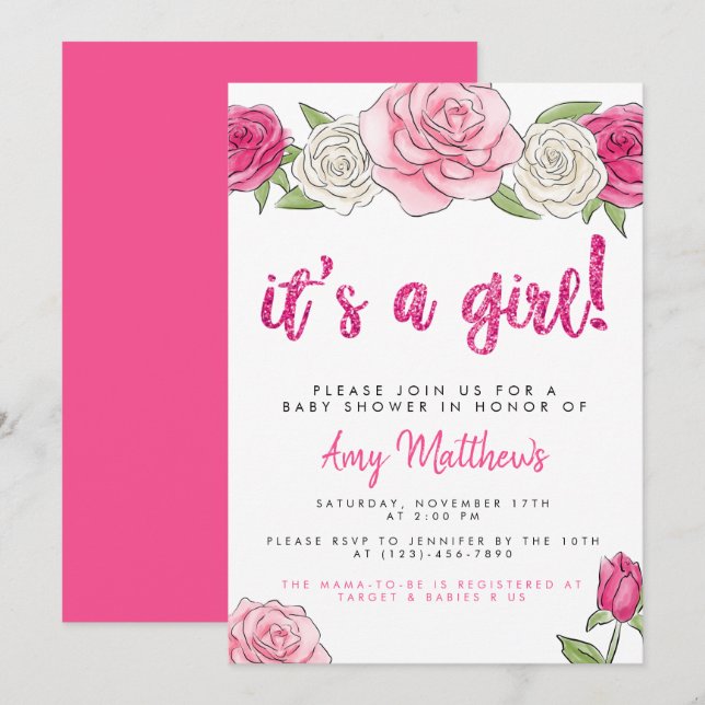 Rosa Roses Blumendusche Einladung (Vorne/Hinten)