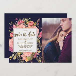 Rosa Roses Boho Marine Save the Date Fotokarte Einladung