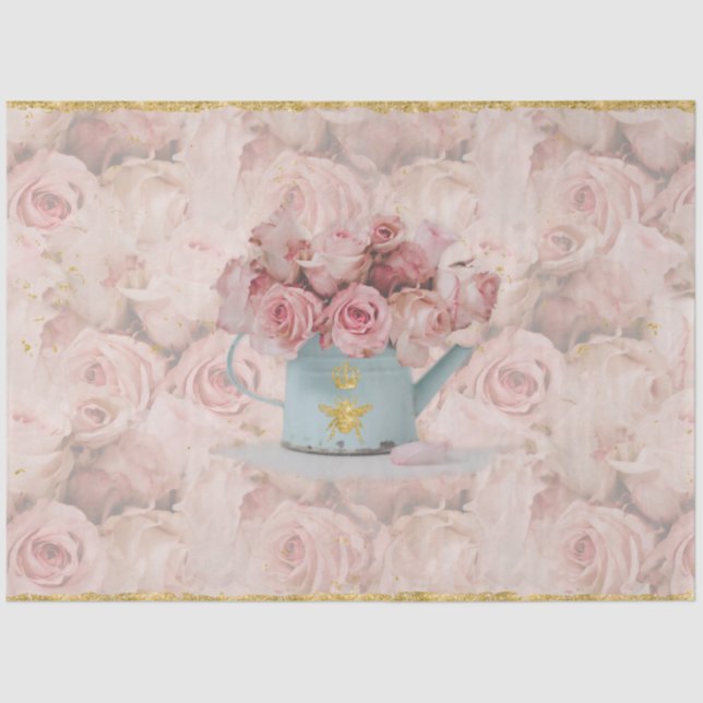 Rosa Roses Bouquet Gold Beere Crown Blue Decoupage Seidenpapier (Vorderseite)