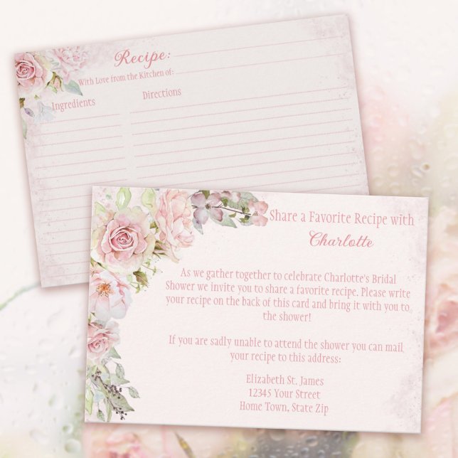 Rosa Roses Brautparty Rezept Packungskarte Begleitkarte (Pink Roses Bridal Shower Recipe Enclosure Cards. 
Invite the Guests to share a favorite recipe.)