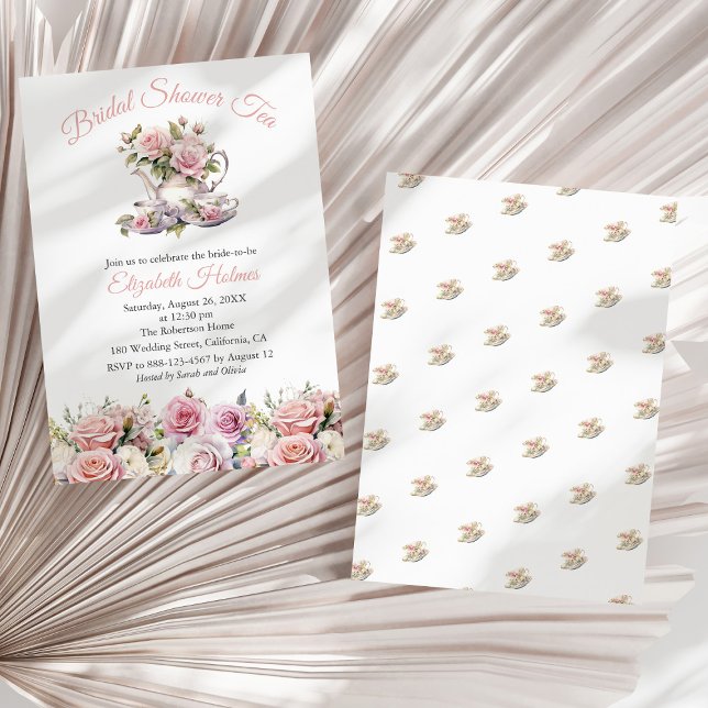 Rosa Roses Brautparty Teezeremonie Einladung (Blush Pink Roses Bridal Shower Tea Brunch Invitation on a sunny white dry palm leaf.)