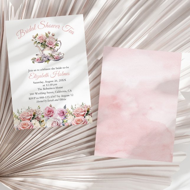 Rosa Roses Brautparty Teezeremonie Einladung (Blush Pink Roses Bridal Shower Tea Brunch Invitation on a sunny white dry palm leaf.)