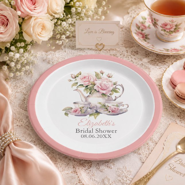 Rosa Roses Brautparty Teezeremonie Pappteller (Blush Pink Floral Bridal Shower Party Plates)