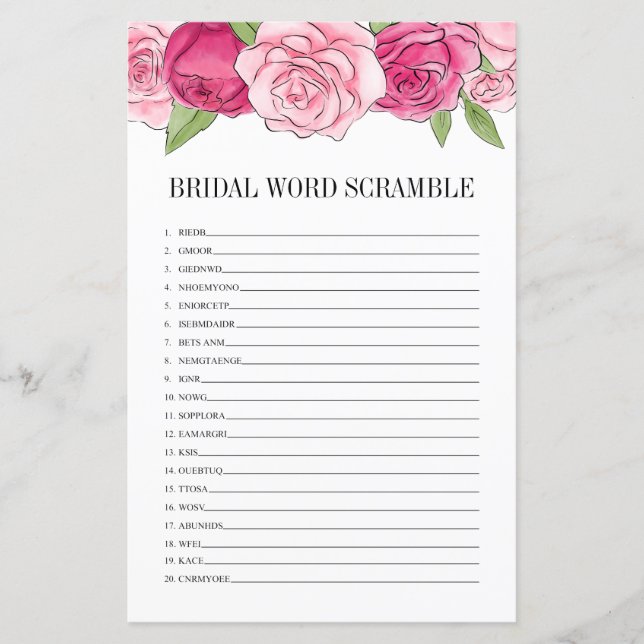 Rosa Roses Brautparty Word Scramble Game Card (Vorderseite)