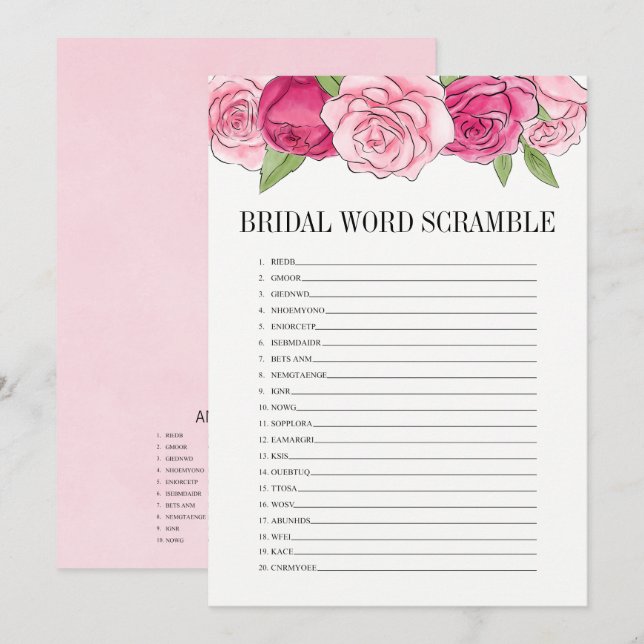 Rosa Roses Brautparty Word Scramble Game Card Einladung (Vorne/Hinten)