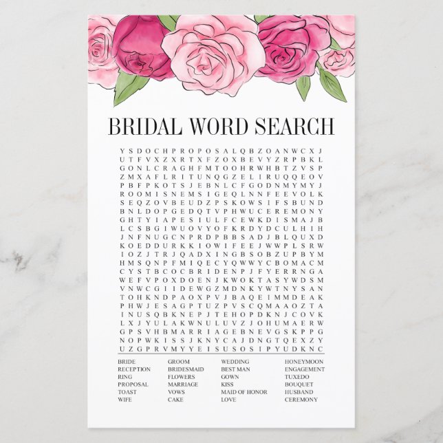 Rosa Roses Brautparty Word Search Game Card (Vorderseite)