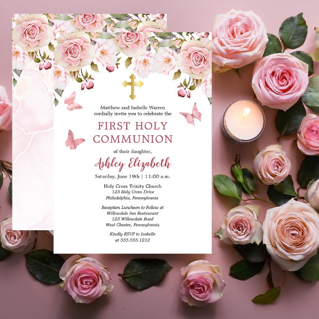 Rosa Roses Butterflies Floral Erste Heilige Kommun Einladung (Elegant Pink Roses and Butterflies Floral First Holy Communion Invitation - Print | Digital Download)