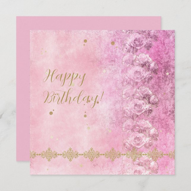 Rosa Roses Damask Grunge - Grußkarte Feiertagskarte (Vorne/Hinten)