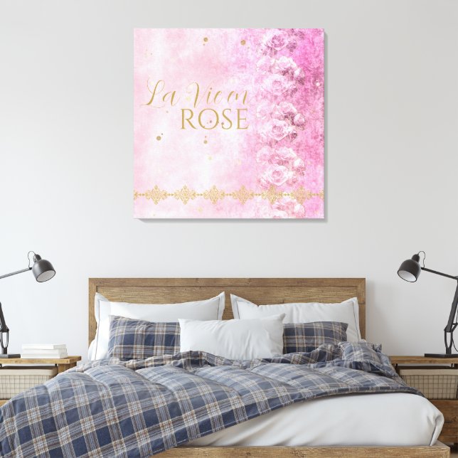 Rosa Roses Damask Grunge - Wrapped Canvas Leinwanddruck (Insitu (Schlafzimmer))