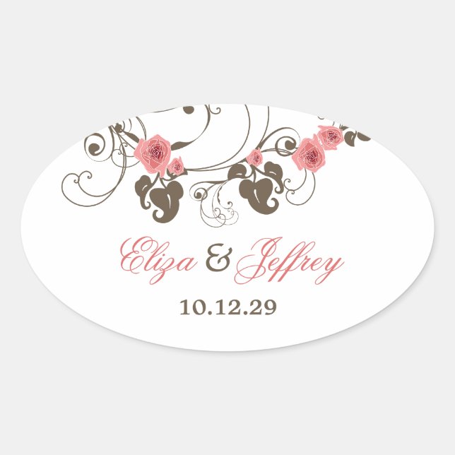 Rosa Roses Fleur Floral Elegante Hochzeitsticker Ovaler Aufkleber (Vorderseite)