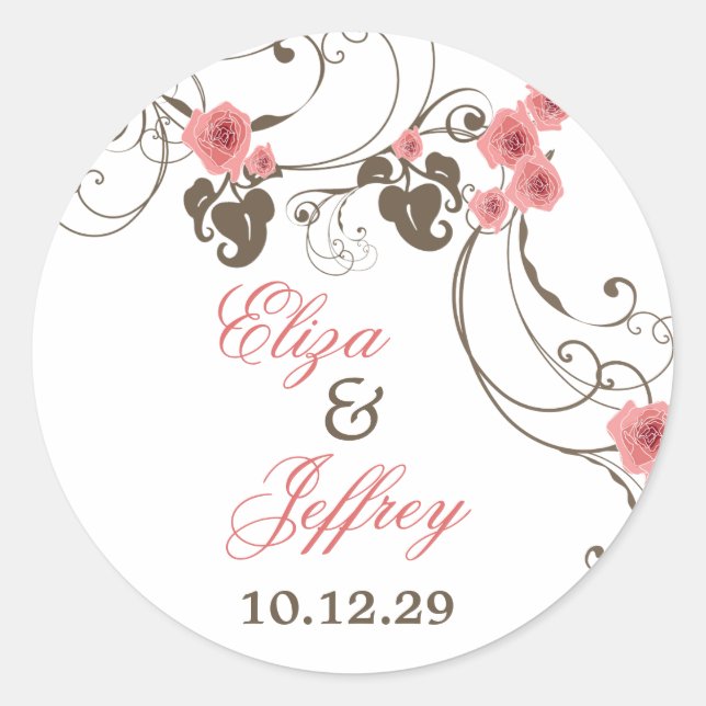 Rosa Roses Fleur Floral Elegante Hochzeitsticker Runder Aufkleber (Vorderseite)