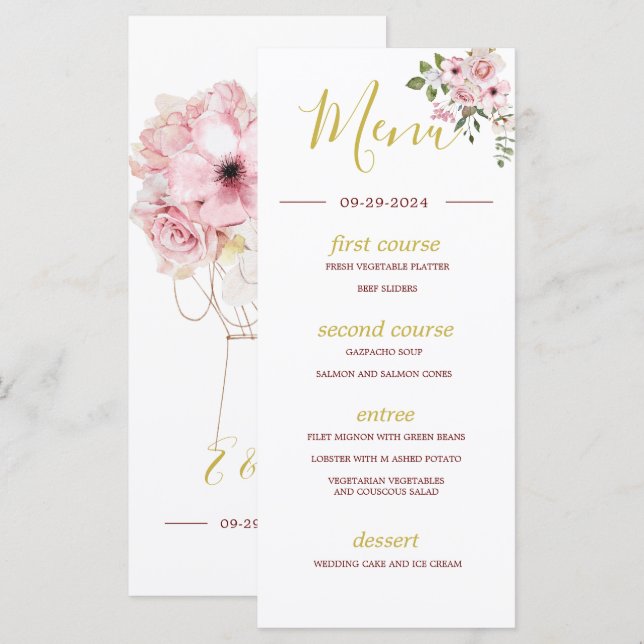 Rosa Roses Gold Elegantes Menü für die Sommermonat Menükarte (Vorne/Hinten)