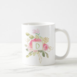 Rosa Roses Gold Glitzern Green Blätter Monogramm T Tasse