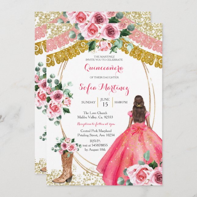 Rosa Roses Invite - Weißmexikanische Girl 15 Gebur Einladung (Vorne/Hinten)