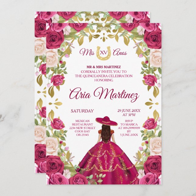 Rosa Roses Mexican Girl 15. Geburtstag Einladung (Vorne/Hinten)