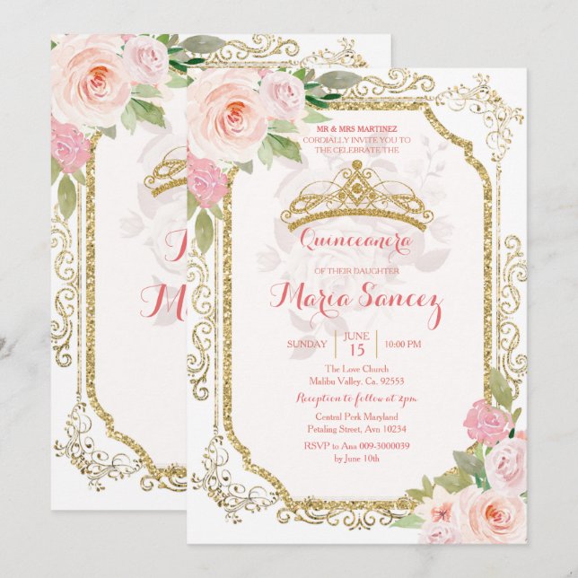 Rosa Roses mexikanische Mis Quince Einladung (Vorne/Hinten)