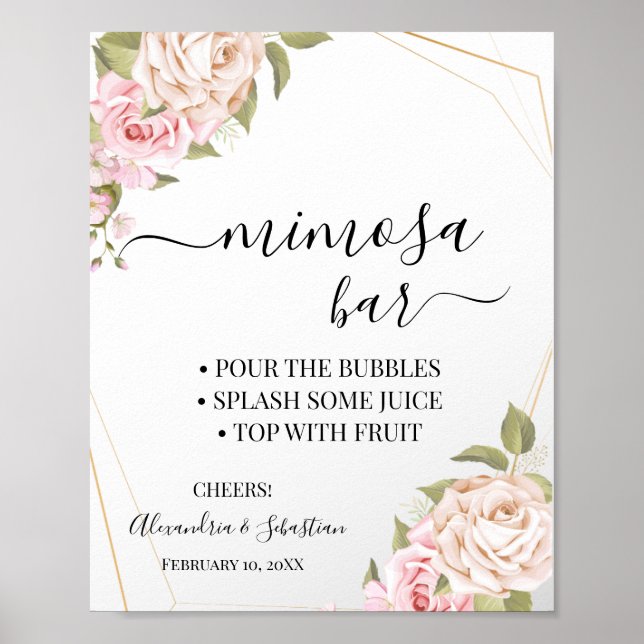 Rosa Roses Mimosa Bar Brautparty Zeichen Poster (Vorne)