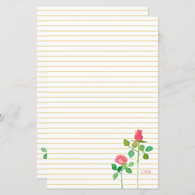 Rosa Roses Monogram Letter Writing Stationery (Vorne/Hinten)