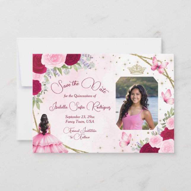 Rosa Roses Princess Butterfly & Foto Quinceanera Save The Date (Vorderseite)