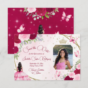 Rosa Roses Princess Butterfly & Foto Quinceanera Save The Date