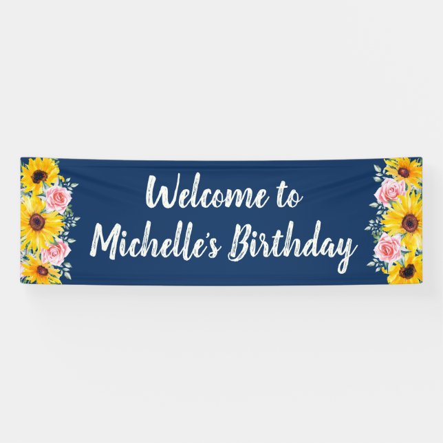 Rosa Roses Sonnenblumen Navy Blue Geburtstag Willk Banner (Horizontal)