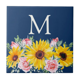 Rosa Roses Sonnenblumen Navy Mit Monogramm Fliese