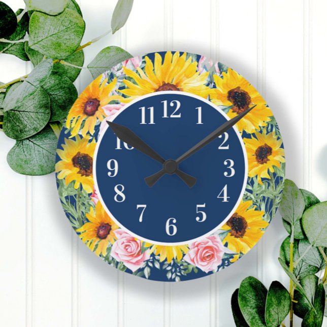 Rosa Roses Sonnenblumen Navy Mit Monogramm Runde Wanduhr (Von Creator hochgeladen)